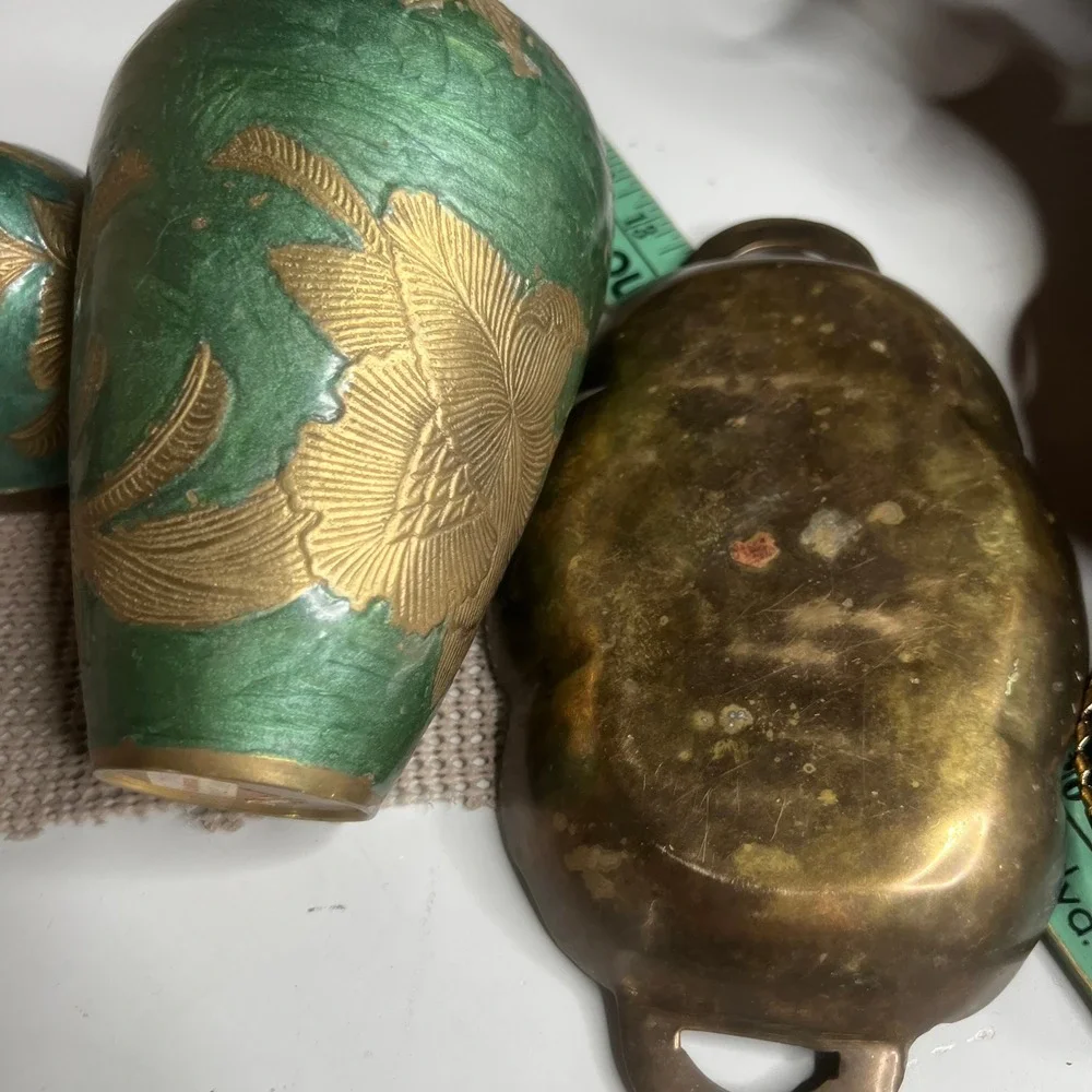 Vintage Brass Green Enamel Floral Set Egg Trinket Box Vase and Scalloped Tray
